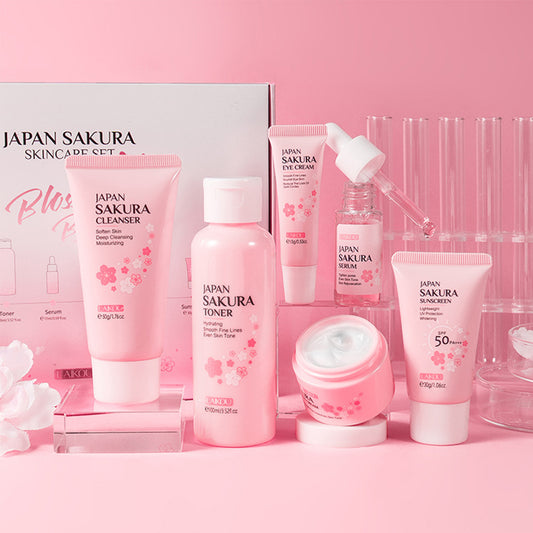 Skin Care Set JAPAN SAKURA Women Beauty Gift Sets Skin Care Kit With Cleanser, Toner, Lotion, Serum, Eye Cream, Face Cream Travel Kit For Women Teen Girls Mom Daughter TSA-friendly Sizes 6pcs